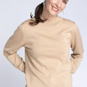 Pull femme col cheminée en laine mérinos Beige Chaud