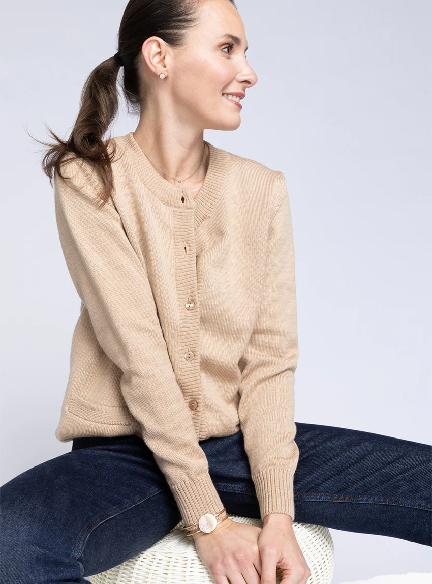 Cardigan femme en laine jersey épais Beige Chaud