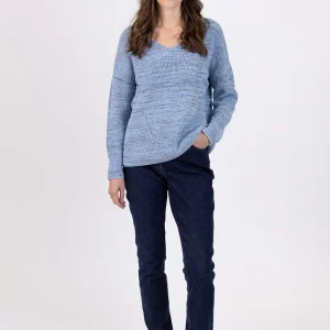 Pull femme décoleté dos bleu mer