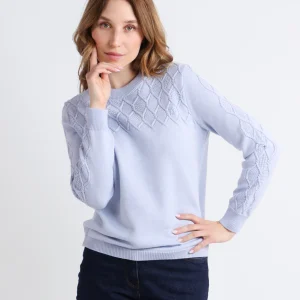 Pull femme laine mérinos torsades bleu