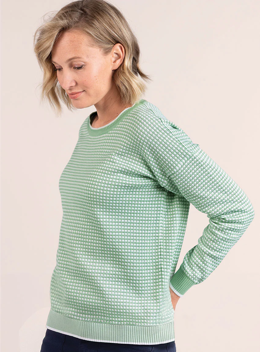 Pull femme bicolore en coton vert amande