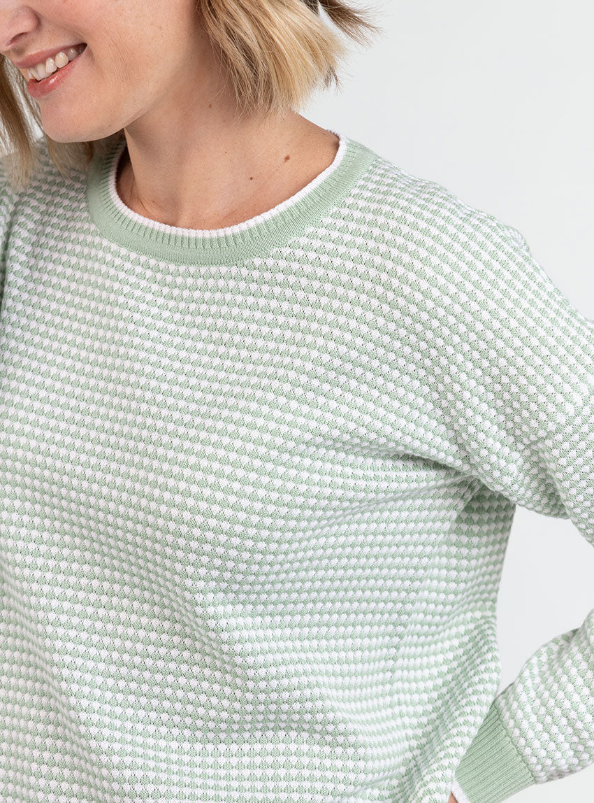 Pull femme bicolore en coton vert amande – Image 3