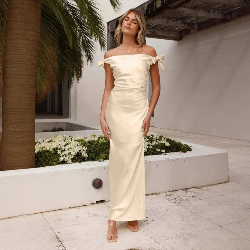 Robe demoiselle d’honneur champagne épaules dénudées – Image 2